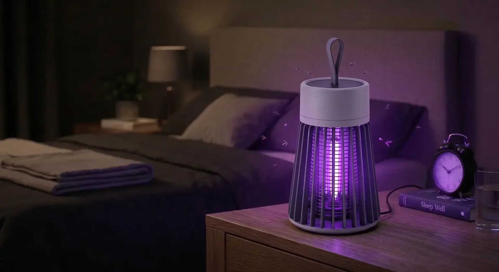 ZapShield in a bedroom at night attracting mosquitoes